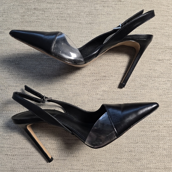 SCHUTZ Shoes - Schutz • Emma Black Leather and Clear Vinyl Pointed-Toe Slingback Pumps Sz 8